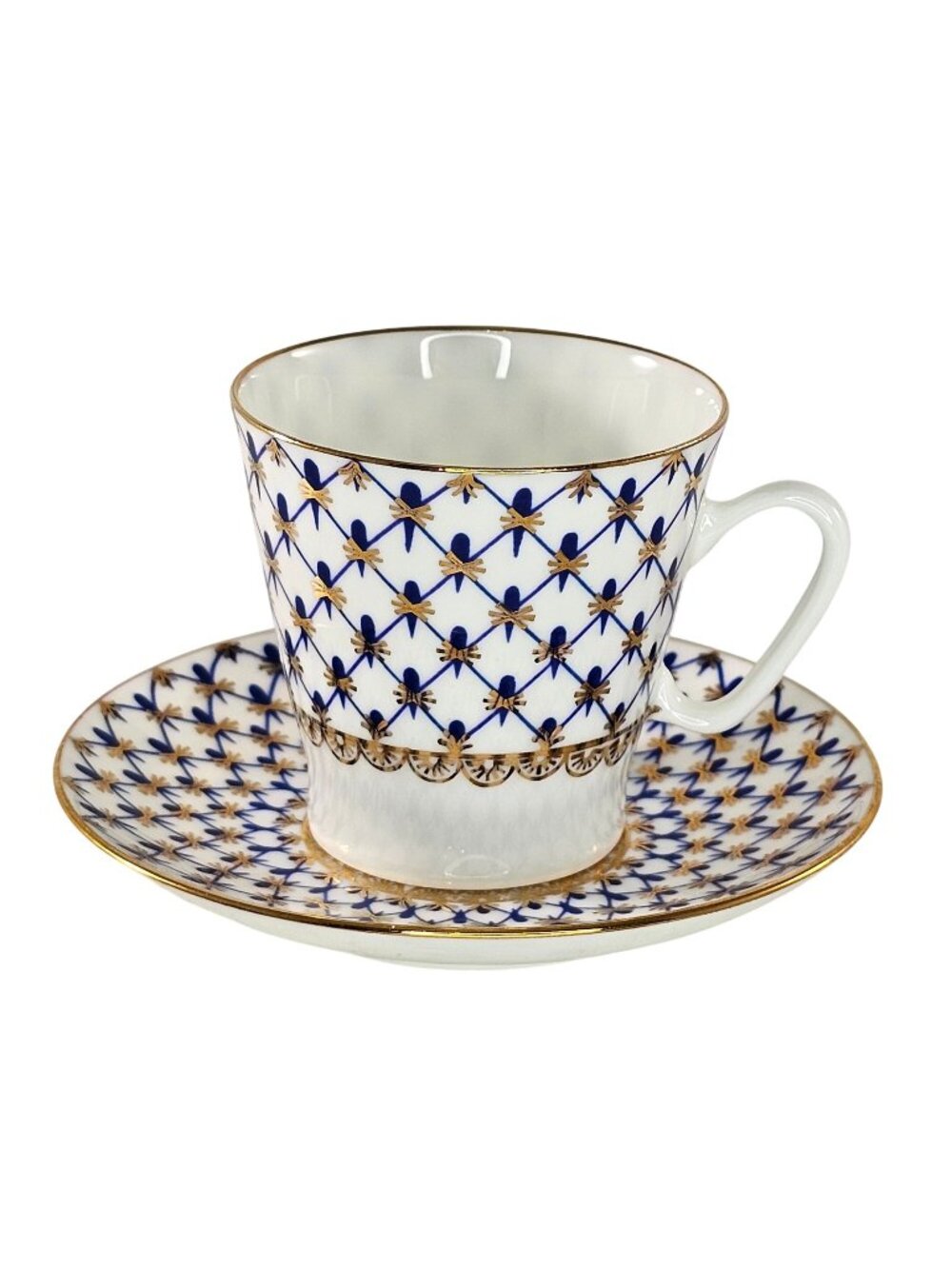 Imperial Lomonosov Vintage Cobalt Net Gold Porcelain Demitasse Cup Saucer 1744
